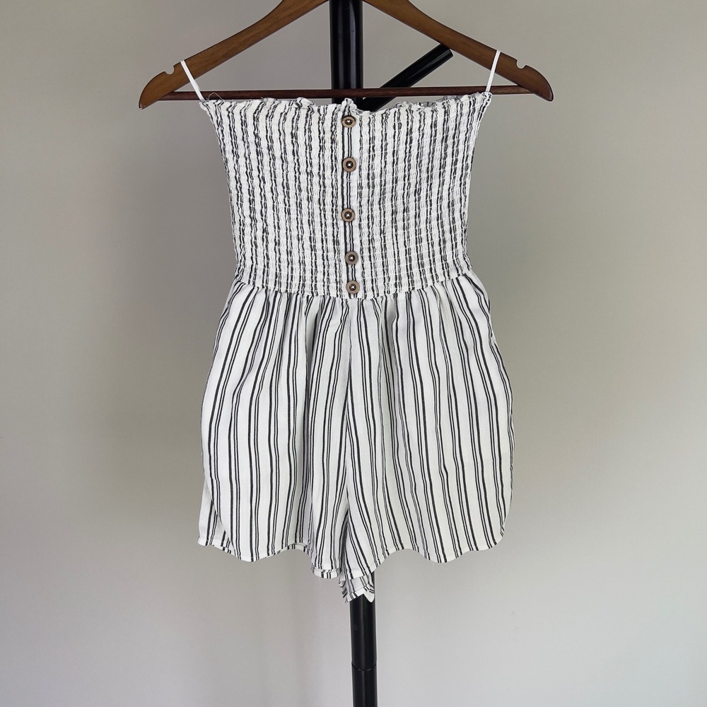 Garage Striped Smocked Strapless Romper White Black P/S Faux Wood Buttons Summer